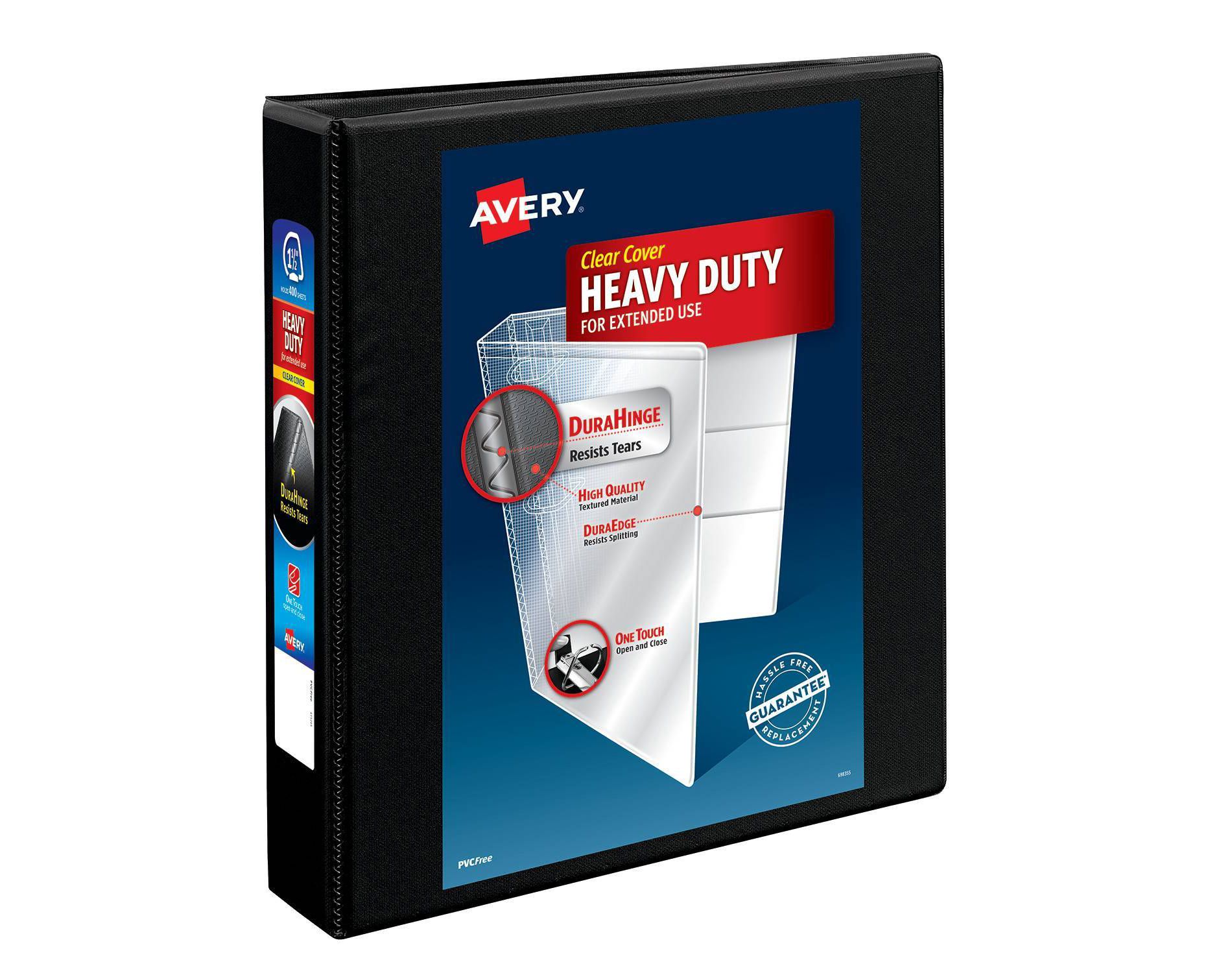 Avery 400 Sheet 2.1"x1.5" Heavy Duty Nonstick View Ring Binder Black: Polypropylene D-Rings, 4 Pockets, Clear Cover