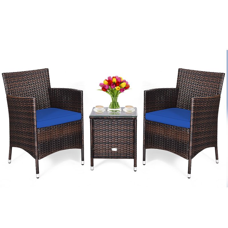 Tangkula 3-Piece Patio Wicker Rattan Furniture Set Conversation Sofa Set with Coffee Table Navy, 3 of 8