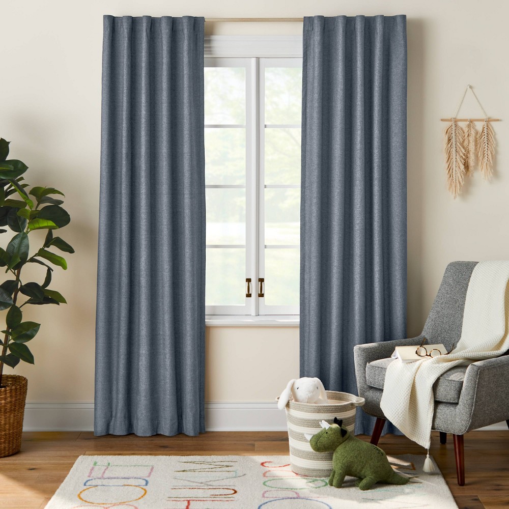 Photos - Curtains & Drapes 84" Blackout Chambray Cotton Kids' Panel Navy - Pillowfort™