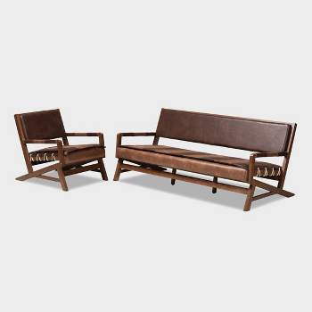 2pc Rovelyn Faux Leather Walnut Finished Wood Living Room Set Brown - Baxton Studio