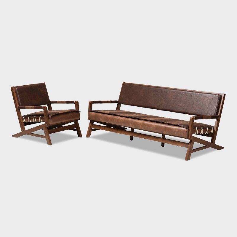 2pc Rovelyn Faux Leather Walnut Finished Wood Living Room Set Brown - Baxton Studio, 1 of 9