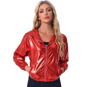 INSPIRE CHIC Women's Holographic Shiny Long Sleeve Zipper Hooded Metallic Jacket - 1 of 4