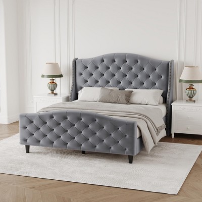 homfan Bed Frame, Linen Upholstered Bed Frame with Headboard Footboard, Modern Button Tufted and Rivets Decor, Wooden Slat Support, Noise Free