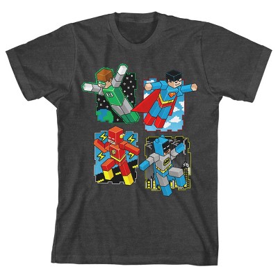 Justice League Pixel Art Characters Youth Boys Charcoal Heather T-shirt 