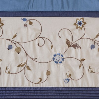 Navy Embroidered Light Filtering Pleated Curtain Panel