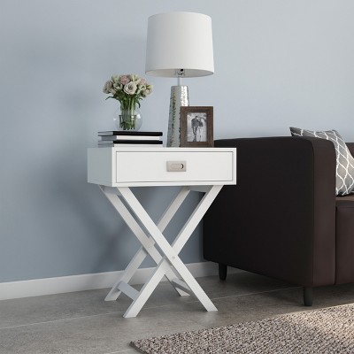 Hastings Home End Table with Drawer - Modern Sofa Side Table with X-Leg Design - Contemporary Style Wooden Stand, White