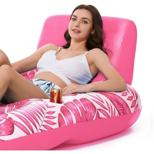Jasonwell Inflatable Pool Float for Adults, Lounger Raft with Cup Holders, Floating Chair for Pool, Lake & Beach, Tropical Rose - 1 of 4
