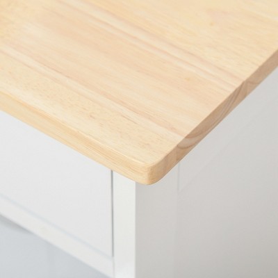 White Wood Rolling Kitchen Cart with Butcher Block Top and Wine Rack