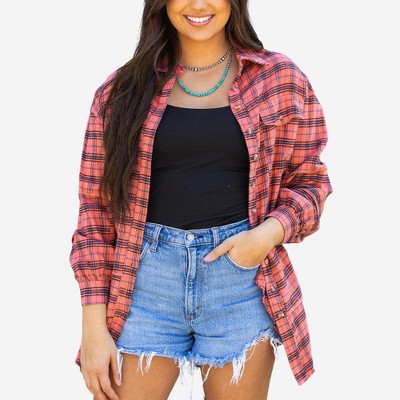 Amaryllis Women’s Button Front Collared Long Sleeve Plaid Shirt with Chest Pocket Relaxed Fit Soft