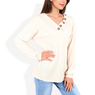 Anna-Kaci Women's Waffle Knit Button-Accent Top with V-Neck