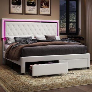 AMERLIFE Bed Frame with LED Lights&Storage Drawers, Velvet Upholstered Platform Bed - 1 of 4