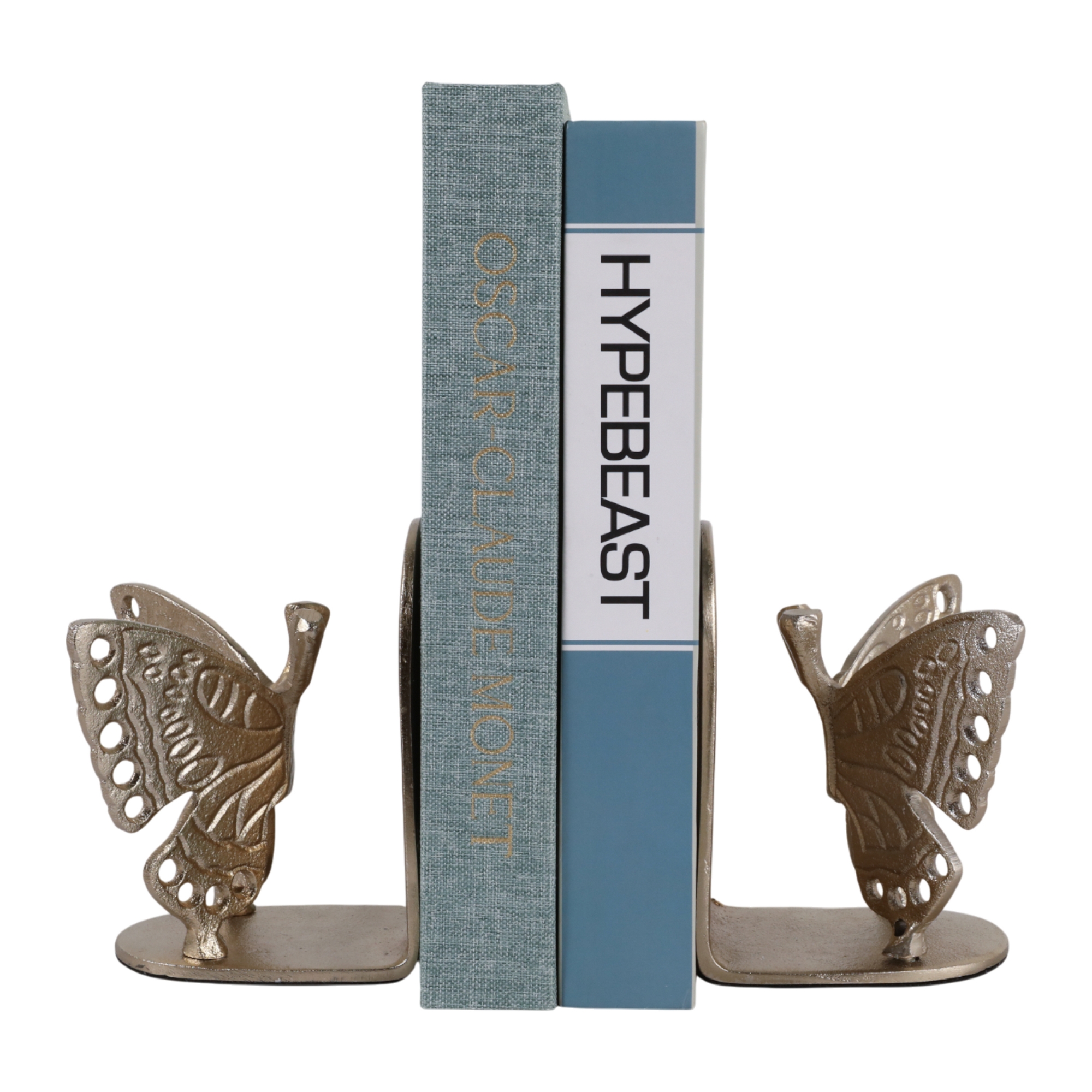 Decorative Butterfly Book Ends for Bookshelf Decor - Elegant Metal Book Accessories for Office Desk and Home Library Decor - Set of 2, 6", Gold