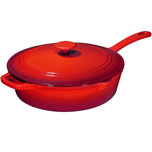 Bruntmor Enamel Cast Iron Saute Pan with Lid Oven Safe Skillet Grill Pan Set Red