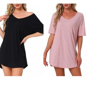 INSPIRE CHIC Women's 2 Pcs Soft V-Neck Curved-Hem Cozy Oversized Nightshirt with Chest Pocket - 1 of 4