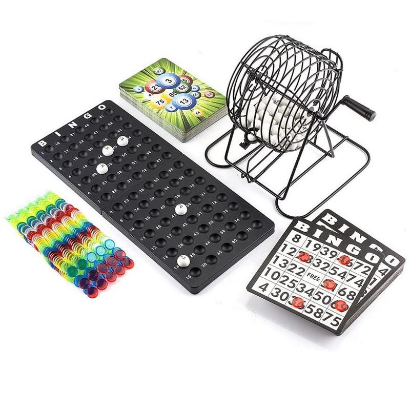 KOVOT Complete Bingo Set with Metal Rotary Cage Numbered Balls, Master Board, Bingo Cards, & Color Chips, 1 of 3