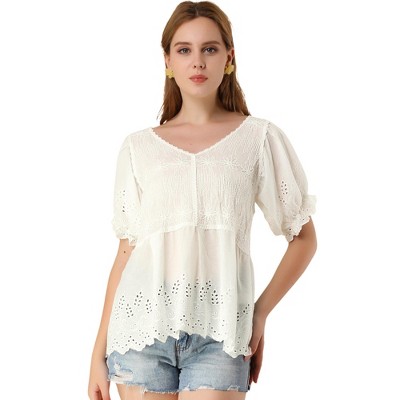 INSPIRE CHIC Women's V Neck Puff Sleeve Hollow Out Peplum Blouse