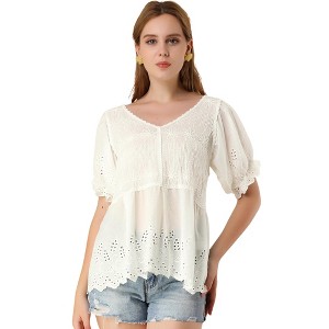 INSPIRE CHIC Women's V Neck Puff Sleeve Hollow Out Peplum Blouse - 1 of 4