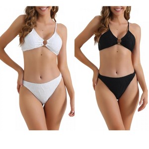 INSPIRE CHIC Women's O Ring Ribbed High Waist Adjustable Spaghetti Straps Swimsuit Bathing Bikini Suits 2 Sets - 1 of 4