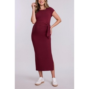 Women's Crew Neck Short Sleeve Side Tie Maternity Midi Dress | Motherhood Maternity - 1 of 4