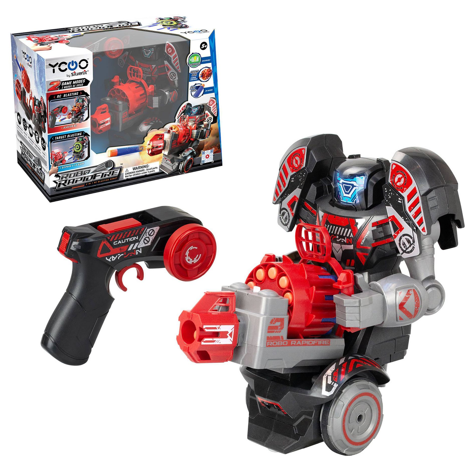 ROBO RAPIDFIRE 2-in-1 Remote Control Blasting Robot with Rechargeable Battery, Lights, Sounds and Soft Dart Blaster