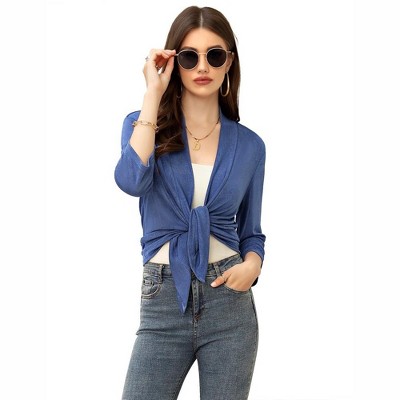 WhizMax Women's Casual 3/4 Sleeve Tie Open Front Cardigans Sheer Draped Ruffles Cardigan