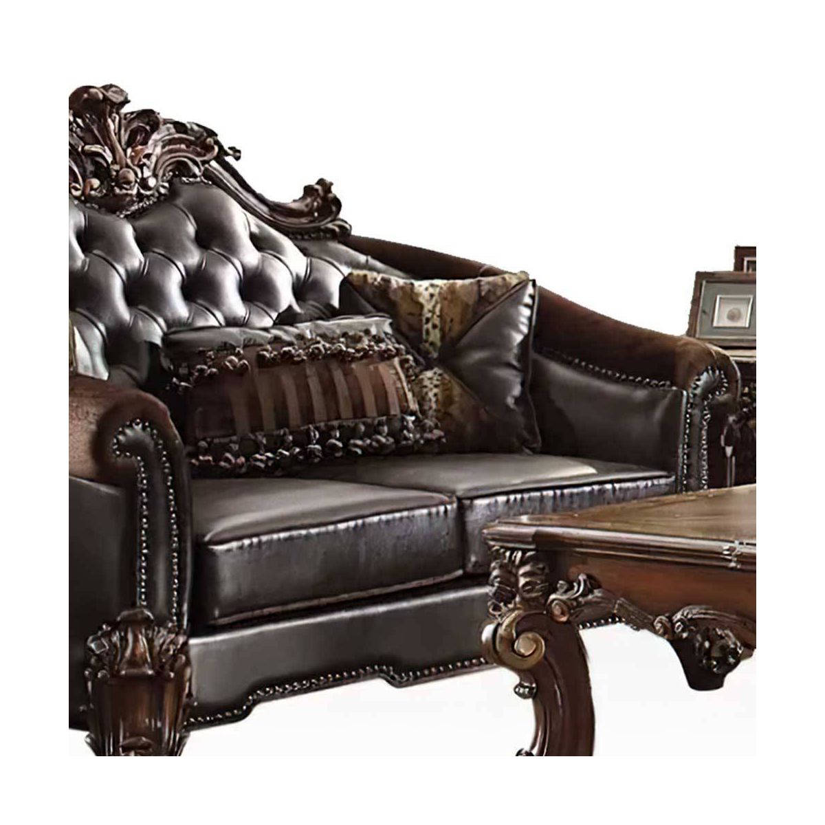 67" Vendome II Sofa Two Tone Dark Brown Synthetic Leather and Cherry Finish - Acme Furniture: Baroque Inspired, Crystal Button Tufting - thumbnail 5