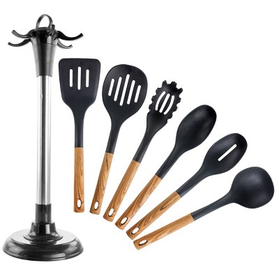 MegaChef Black Nylon 7-Piece Cooking Utensil Set with Wood Design