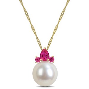 EVERLY JEWELRY | 14K Yellow Gold Cultured Freshwater Pearl and Created Gemstone Drop Pendant with Chain, 17 inch - Multiple Created Gemstone Options - 1 of 4
