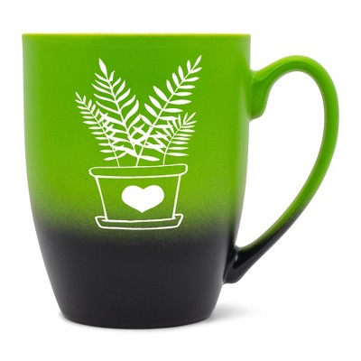 Elanze Designs Botanical Foliage Nature Coffee Cup Mug 12 Ounce Ceramic With Ombre Gradient Elegant Minimalist Fern in Heart Planter Silhouette Green
