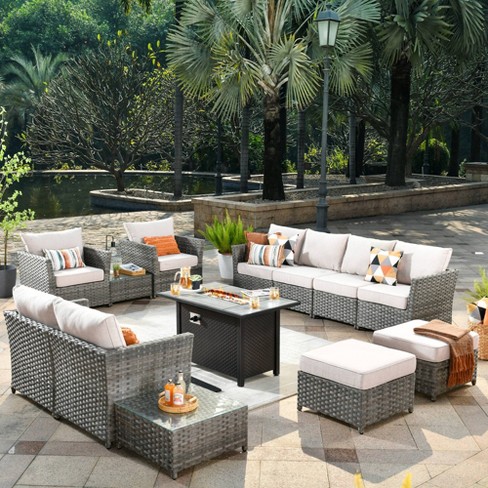 Ovios Tenaya 10pc Wicker Outdoor Patio Furniture Set Conversation Sofa with a Storage Fire Pit and Black Cushions