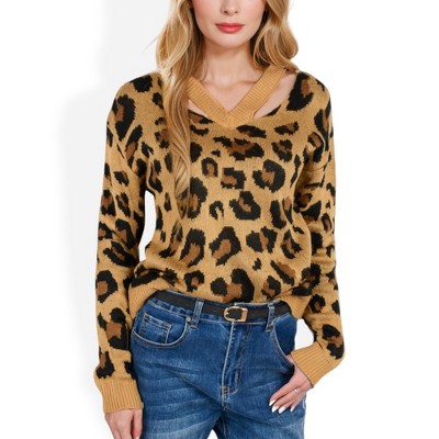 Anna-Kaci Women's V-Neck Leopard Print Sweater with Cutout Detail and Long Sleeves