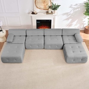 Mjkone U-Shaped Velvet Modular Sectional Sofa With free Combination Ottoman,Convertible 4-Seater Sofa with Rivet Trim - 1 of 4
