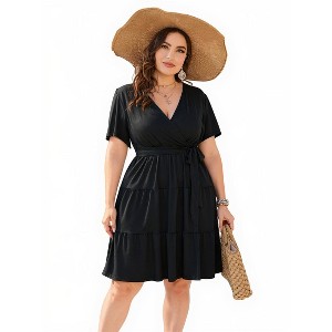 BLUEMING Plus Size Womens Dresses V Neck Floral Flutter Sleeve Midi Surplice Dress Waist Belted Floral Tie Waist Dress Bell Sleeve Dress Flowy Dress - 1 of 4