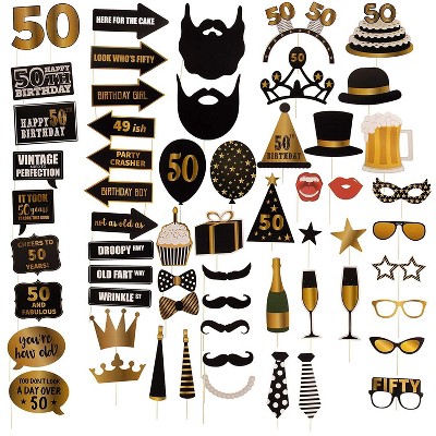 60-Pack 50th Birthday Photo Booth Props Kit, Black and Gold Theme Party Supplies, Selfie Props, Party Favors for Cocktail Parties & Decorations