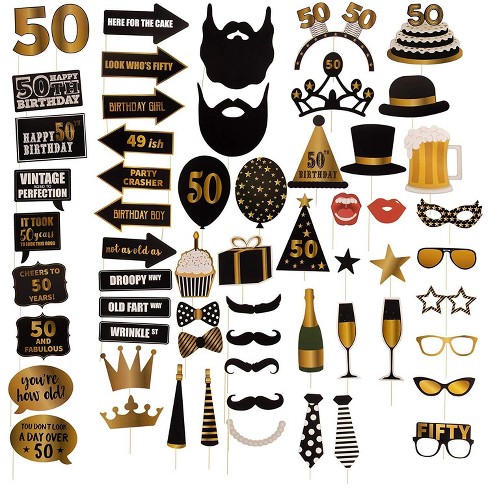 Birthday Party Photo Booth Props Kit 10 Piece Gold Big Dot of Happiness Funny Adult 50th Birthday