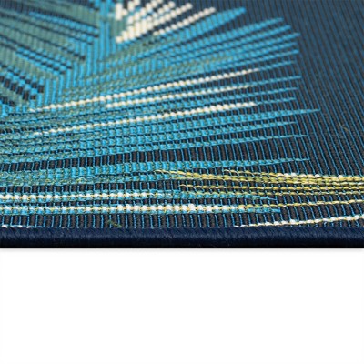 Navy Blue Palm Border Rectangular Washable Wool Synthetic Mat