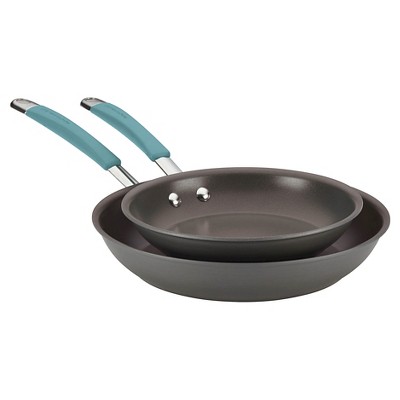 Rachael Ray Twin Pack Hard-Anodized Nonstick Skillet Set with Handles - Gray with Agave Blue