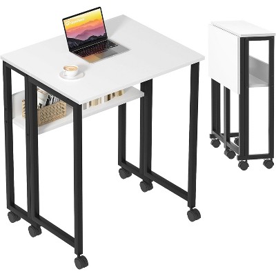 Coucheta Small Folding Desk, Rolling Computer Desk Foldable with Storage Bag and Shelf, 31.5" Portable Writing Table on Wheels for Small Spaces