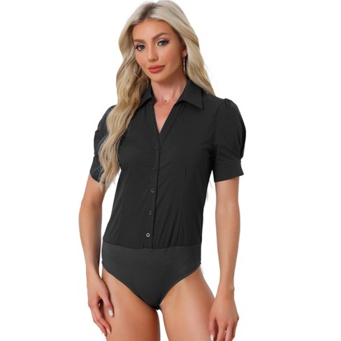 Allegra K Women's Office Button Down One-piece Short Sleeve Bodysuit Work  Shirt Black Medium : Target