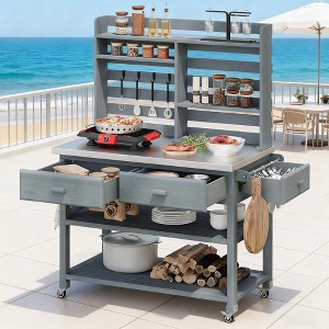 BAOURE 64.9"H Outdoor Potting Bench with Stainless Steel Top, Solid Wood Kitchen Island with Upper Hutch, Lockable Wheels - Grey Blue - 1 of 4