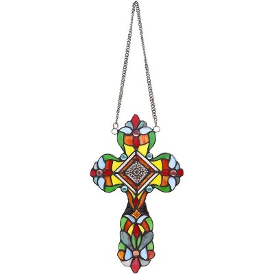Adelina Victorian Tiffany-Style Stained Glass Cross Panel with Chain