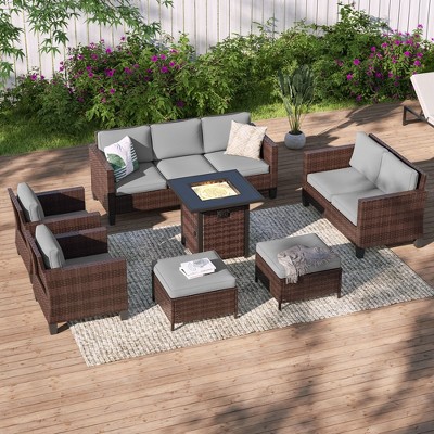 Sonkuki 7 Pieces Patio Sofa with Square Fire Pit Table and Ottomans, Wicker Conversation Couch, Sand Cushion