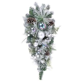 Northlight 30" Flocked Pine Artificial Christmas Teardrop Swag with Iridescent Ornaments - Unlit