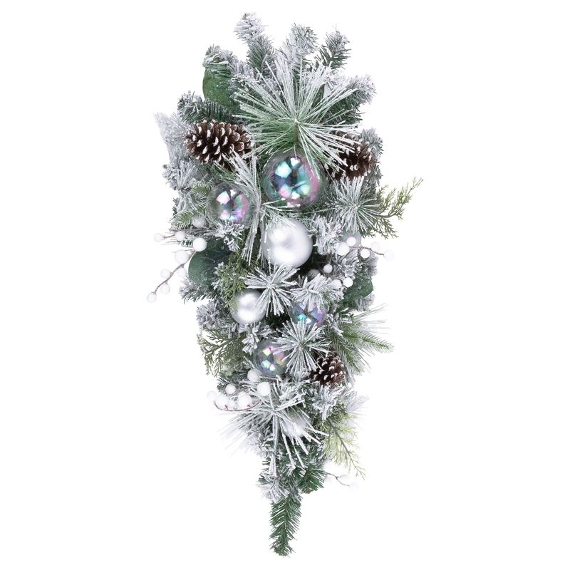 Northlight 30" Flocked Pine Artificial Christmas Teardrop Swag with Iridescent Ornaments - Unlit, 1 of 6