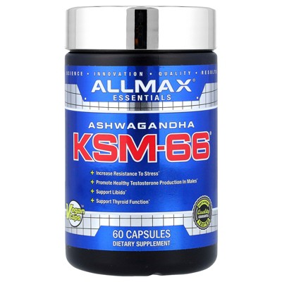 ALLMAX Essentials Ashwagandha KSM-66 (60 Veggie Caps) - Increase Muscle Strength & Recovery - Non-GMO, Gluten Free - 30 Servings
