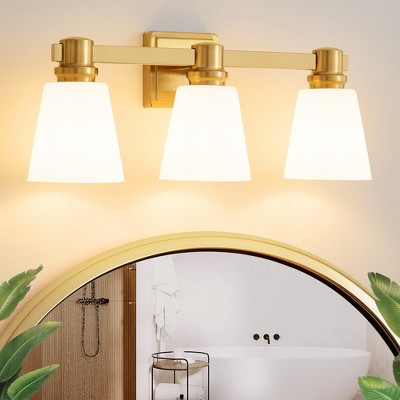 POWLIG 22-in 3-Light Gold Modern Dimmable Vanity Light with Cone Milk White Glass Shade Suitable for Bathroom Living Room