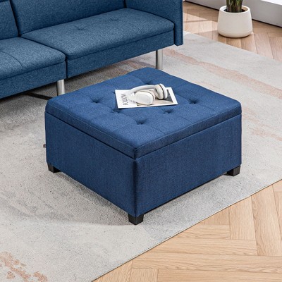 Blue Linen Tufted Storage Ottoman with Eucalyptus Wood Frame