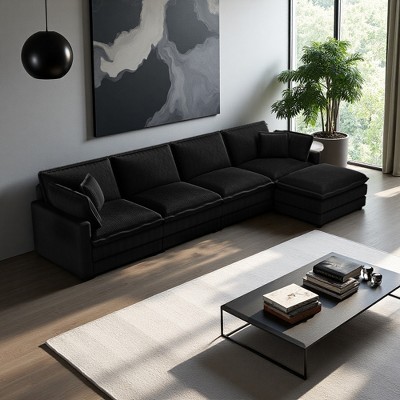 Corduroy Deep Seat Modular L-Shaped Sectional Sofa with 4 Pillows & Ottoman
