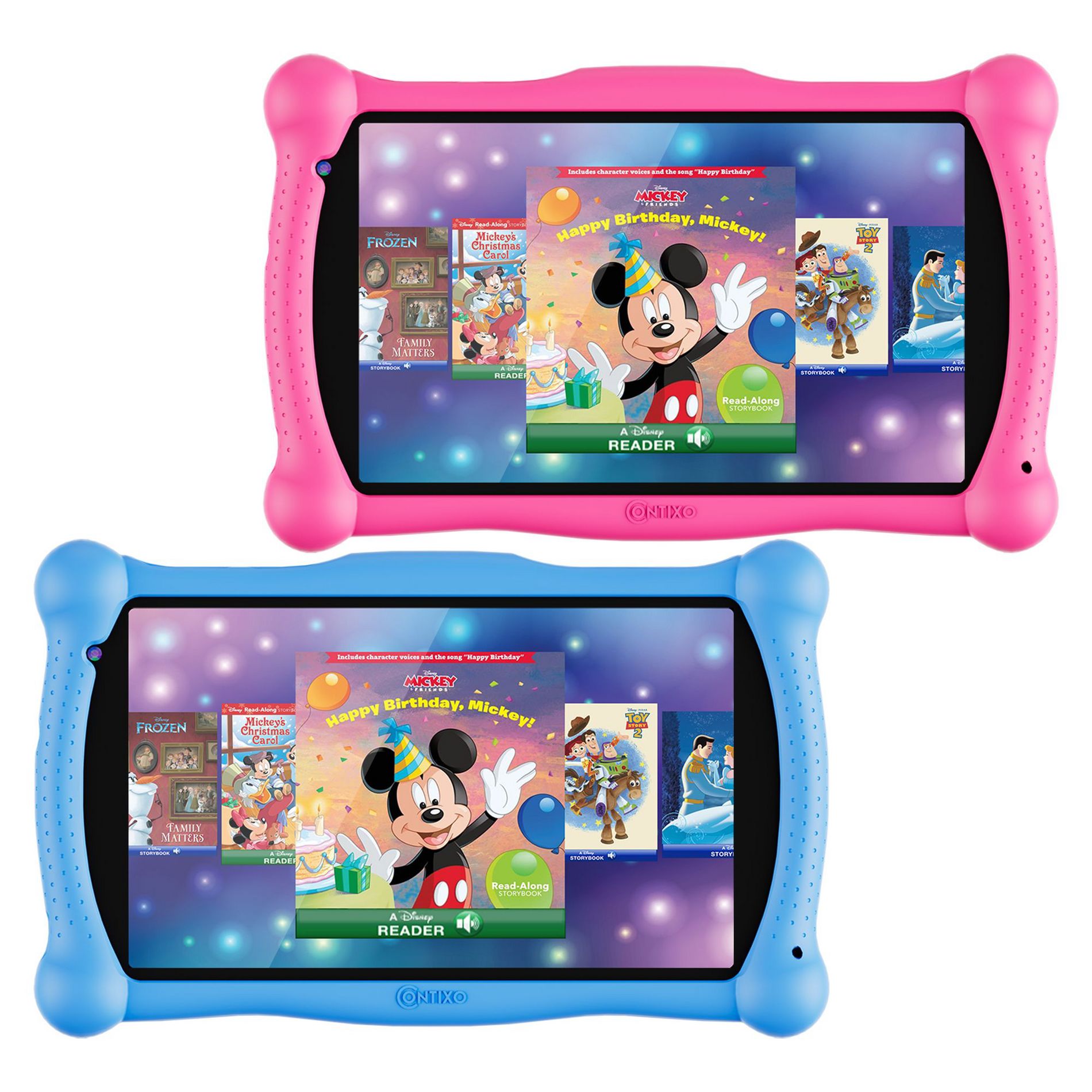 2-Pack Contixo V10 2025 Edition Kids Tablet - 7" HD Display, 1.6GHz Quad-Core CPU, 32GB,  50 Disney eBooks, Contixo Academy, Android 11 Pink/Blue