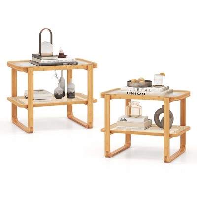 Costway Bamboo Side Table with Rattan Shelf Glass Top Nightstand Small Sofa End Table